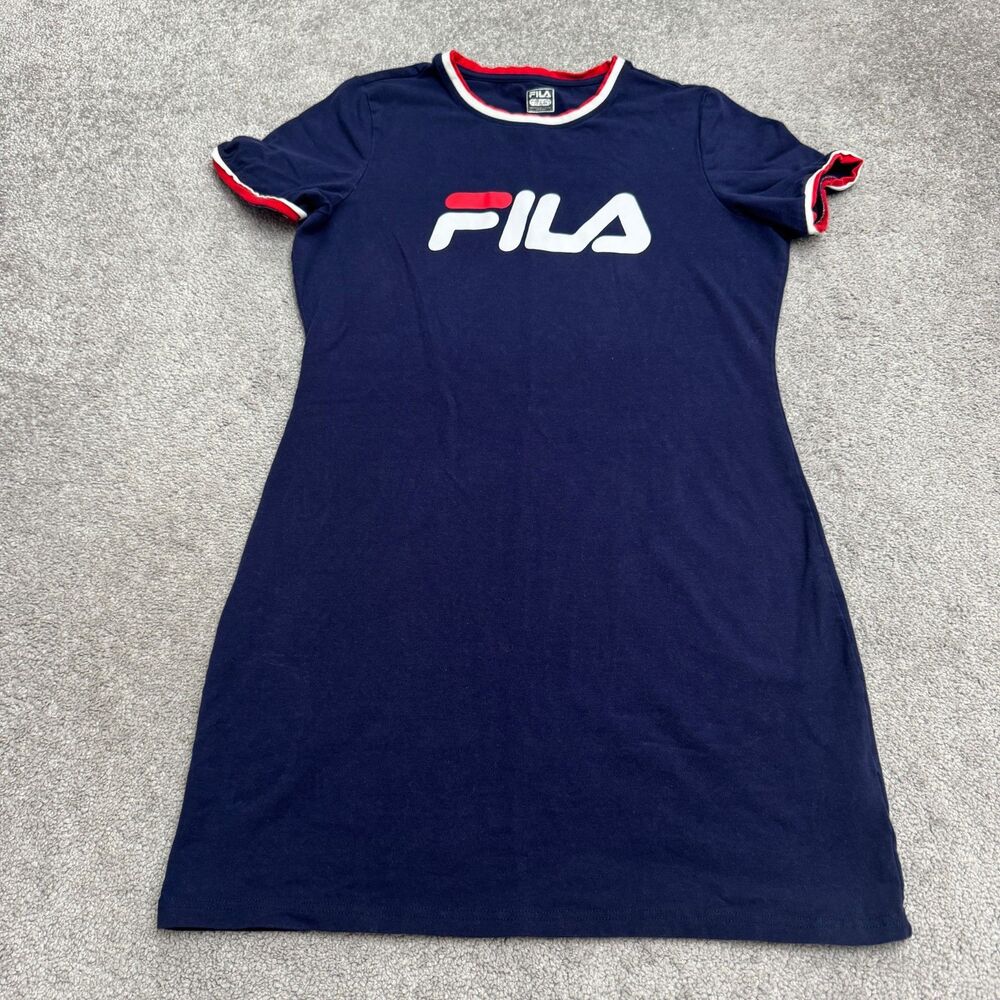Fila Graphic Ringer T-Shirt Mini Dress Womens Large Navy Blue Short Sleeve Crew
